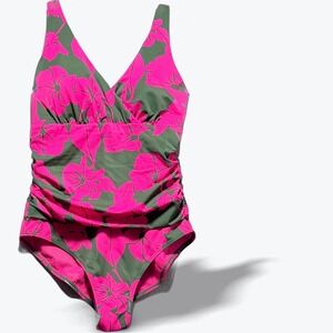 Boden Pink One Piece Swimsuit Size 10R Floral Ruched Green V-Neck